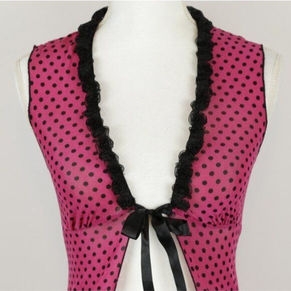 Dreamgirl Women's Small Pink Black Polka Dot Tie Closure 2 Piece Lingerie Set - Picture 2 of 6